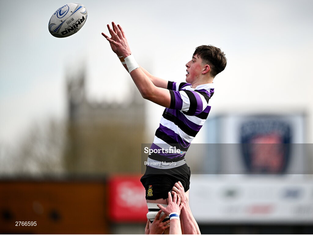 20 March 2024; Frank Maher of Terenure College takes possession in the lineout during the Bank of Ireland Leinster Schools Junior Cup final match between St Mary's College and Terenure College at Energia Park in Dublin. Photo by Harry Murphy/Sportsfile