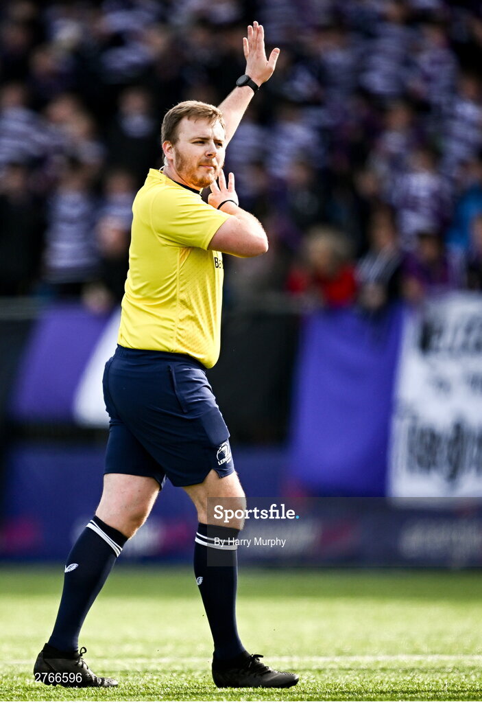20 March 2024; Referee Michael Forrestal during the Bank of Ireland Leinster Schools Junior Cup final match between St Mary's College and Terenure College at Energia Park in Dublin. Photo by Harry Murphy/Sportsfile