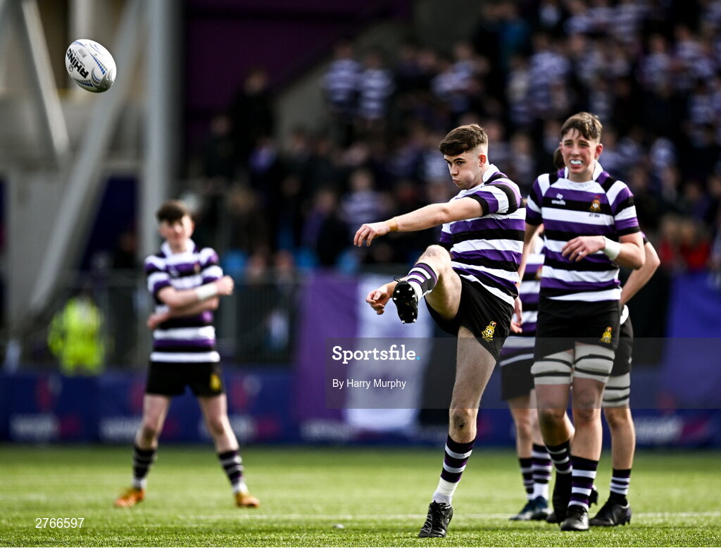 20 March 2024; Niall Fallon of Terenure College kicks during the Bank of Ireland Leinster Schools Junior Cup final match between St Mary's College and Terenure College at Energia Park in Dublin. Photo by Harry Murphy/Sportsfile