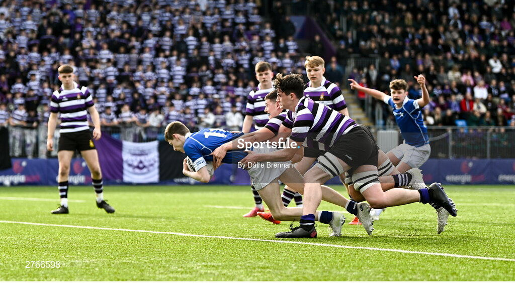 20 March 2024; Tom O’Keefe of St Mary’s College scores his side's first try during the Bank of Ireland Leinster Schools Junior Cup final match between St Mary's College and Terenure College at Energia Park in Dublin. Photo by Daire Brennan/Sportsfile