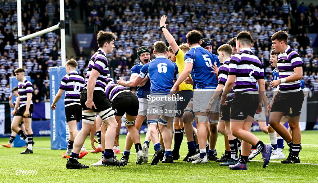 20 March 2024; St Mary's College players celebrate after Tom O'Keefe scored his side's first try during the Bank of Ireland Leinster Schools Junior Cup final match between St Mary's College and Terenure College at Energia Park in Dublin. Photo by Daire Brennan/Sportsfile