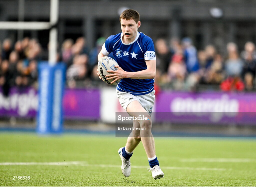 20 March 2024; Tom O’Keefe of St Mary’s College during the Bank of Ireland Leinster Schools Junior Cup final match between St Mary's College and Terenure College at Energia Park in Dublin. Photo by Daire Brennan/Sportsfile