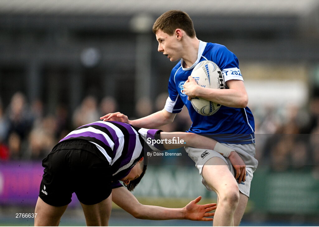 20 March 2024; Tom O’Keefe of St Mary’s College is tackled by Cillian McGetrick of Terenure College during the Bank of Ireland Leinster Schools Junior Cup final match between St Mary's College and Terenure College at Energia Park in Dublin. Photo by Daire Brennan/Sportsfile