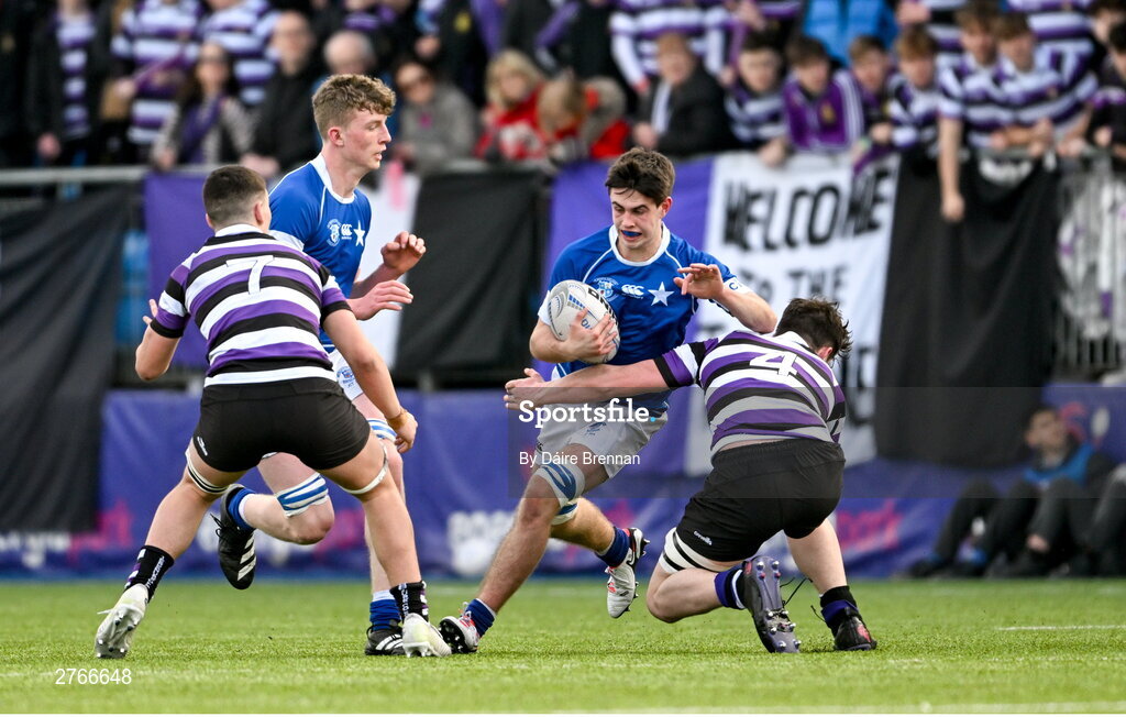 20 March 2024; Francis Nangle of St Mary’s College is tackled by Oisín McEntee of Terenure College during the Bank of Ireland Leinster Schools Junior Cup final match between St Mary's College and Terenure College at Energia Park in Dublin. Photo by Daire Brennan/Sportsfile