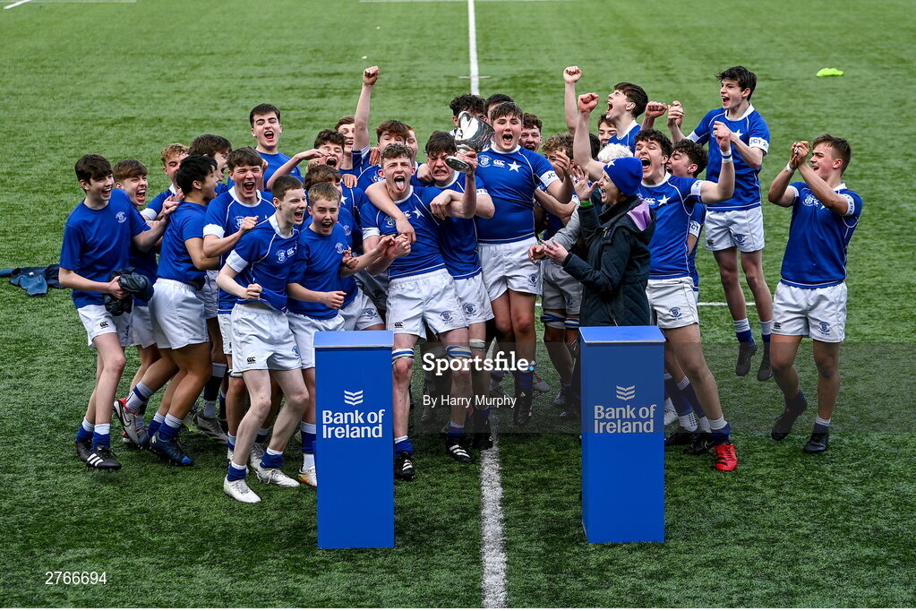 20 March 2024; St Mary’s College captain Eoin Farrell lifts the trophy after his side's victory in the Bank of Ireland Leinster Schools Junior Cup final match between St Mary's College and Terenure College at Energia Park in Dublin. Photo by Harry Murphy/Sportsfile