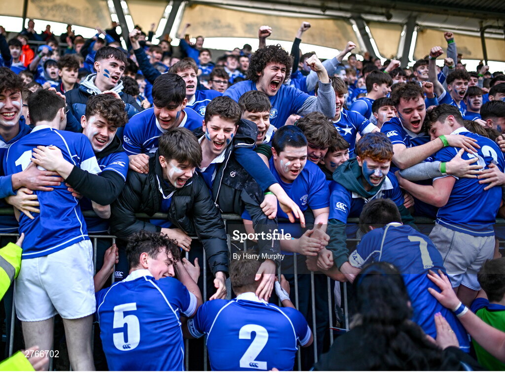 20 March 2024; St Mary’s College players and supporters celebrate after their side's victory in the Bank of Ireland Leinster Schools Junior Cup final match between St Mary's College and Terenure College at Energia Park in Dublin. Photo by Harry Murphy/Sportsfile