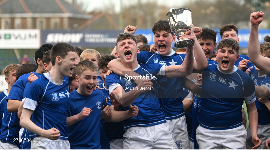 20 March 2024; St Mary's College captain Eoin Farrell lifts the cup after the Bank of Ireland Leinster Schools Junior Cup final match between St Mary's College and Terenure College at Energia Park in Dublin. Photo by Daire Brennan/Sportsfile
