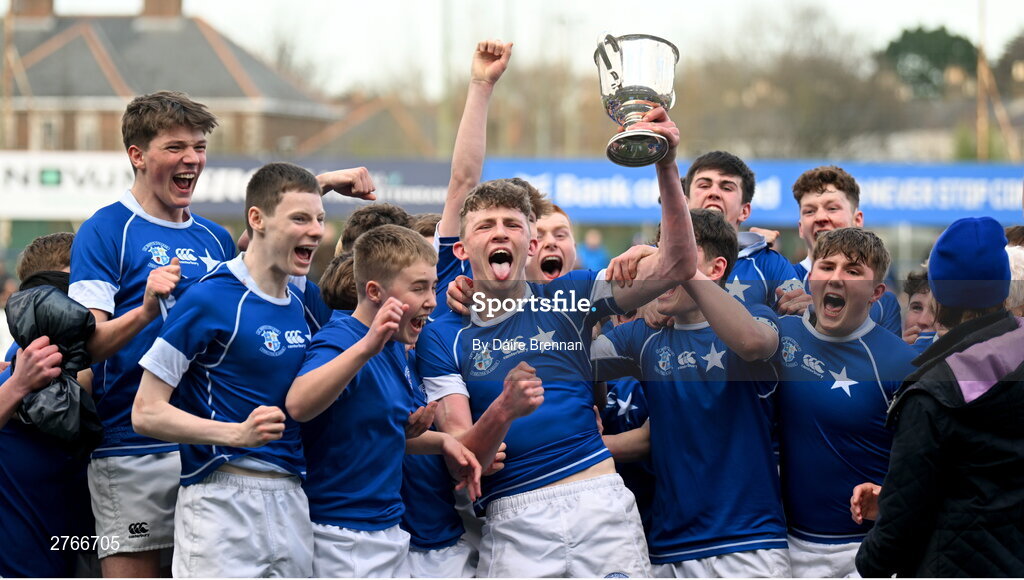 20 March 2024; St Mary's College captain Eoin Farrell lifts the cup after the Bank of Ireland Leinster Schools Junior Cup final match between St Mary's College and Terenure College at Energia Park in Dublin. Photo by Daire Brennan/Sportsfile