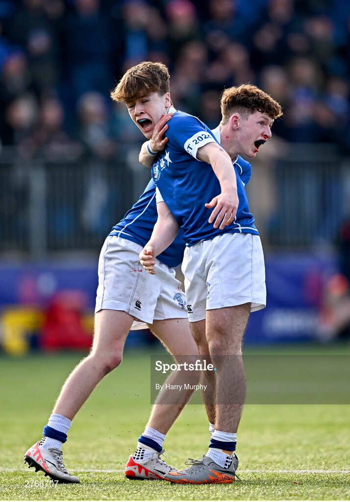 20 March 2024; Nic Sheehan and Donal Manzor of St Mary’s College after their side's victory in the Bank of Ireland Leinster Schools Junior Cup final match between St Mary's College and Terenure College at Energia Park in Dublin. Photo by Harry Murphy/Sportsfile
