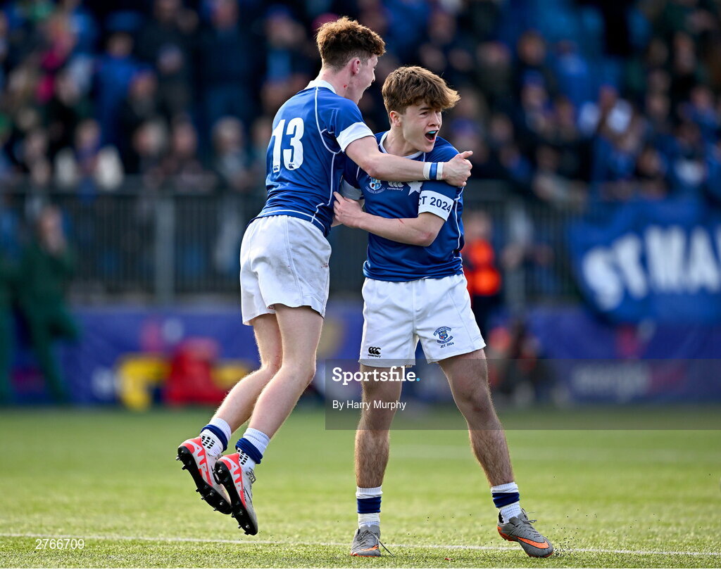 20 March 2024; Nic Sheehan and Donal Manzor of St Mary’s College after their side's victory in the Bank of Ireland Leinster Schools Junior Cup final match between St Mary's College and Terenure College at Energia Park in Dublin. Photo by Harry Murphy/Sportsfile