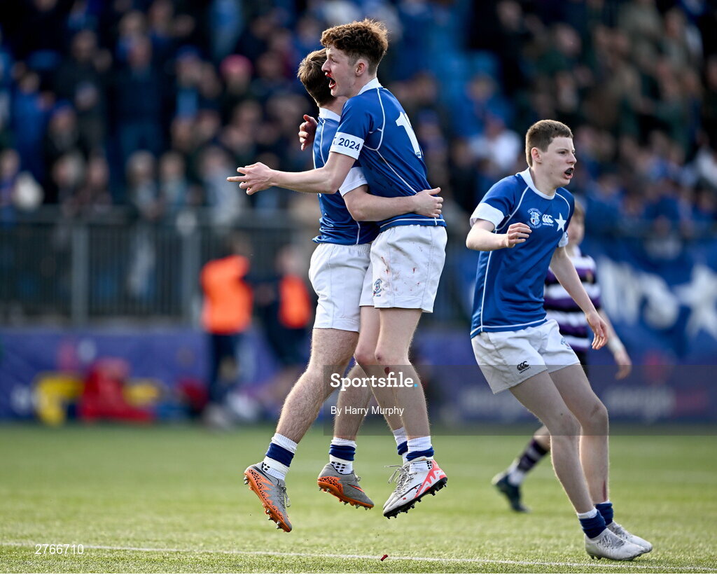 20 March 2024; Nic Sheehan and Donal Manzor of St Mary’s College after their side's victory in the Bank of Ireland Leinster Schools Junior Cup final match between St Mary's College and Terenure College at Energia Park in Dublin. Photo by Harry Murphy/Sportsfile