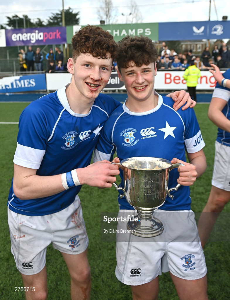 20 March 2024; Donal Manzor, left, and Cathal Bishop of St Mary’s College, celebrate after the Bank of Ireland Leinster Schools Junior Cup final match between St Mary's College and Terenure College at Energia Park in Dublin. Photo by Daire Brennan/Sportsfile