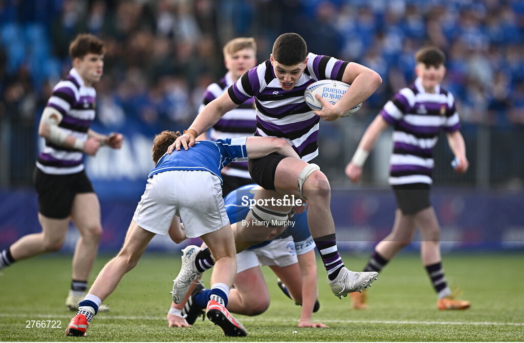 20 March 2024; Michael Smyth of Terenure College is tackled by Donal Manzor of St Mary’s College  during the Bank of Ireland Leinster Schools Junior Cup final match between St Mary's College and Terenure College at Energia Park in Dublin. Photo by Harry Murphy/Sportsfile
