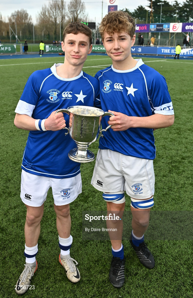 20 March 2024; Christian Crawley of St Mary’s College, left, and Rob Flaherty, celebrate after the Bank of Ireland Leinster Schools Junior Cup final match between St Mary's College and Terenure College at Energia Park in Dublin. Photo by Daire Brennan/Sportsfile