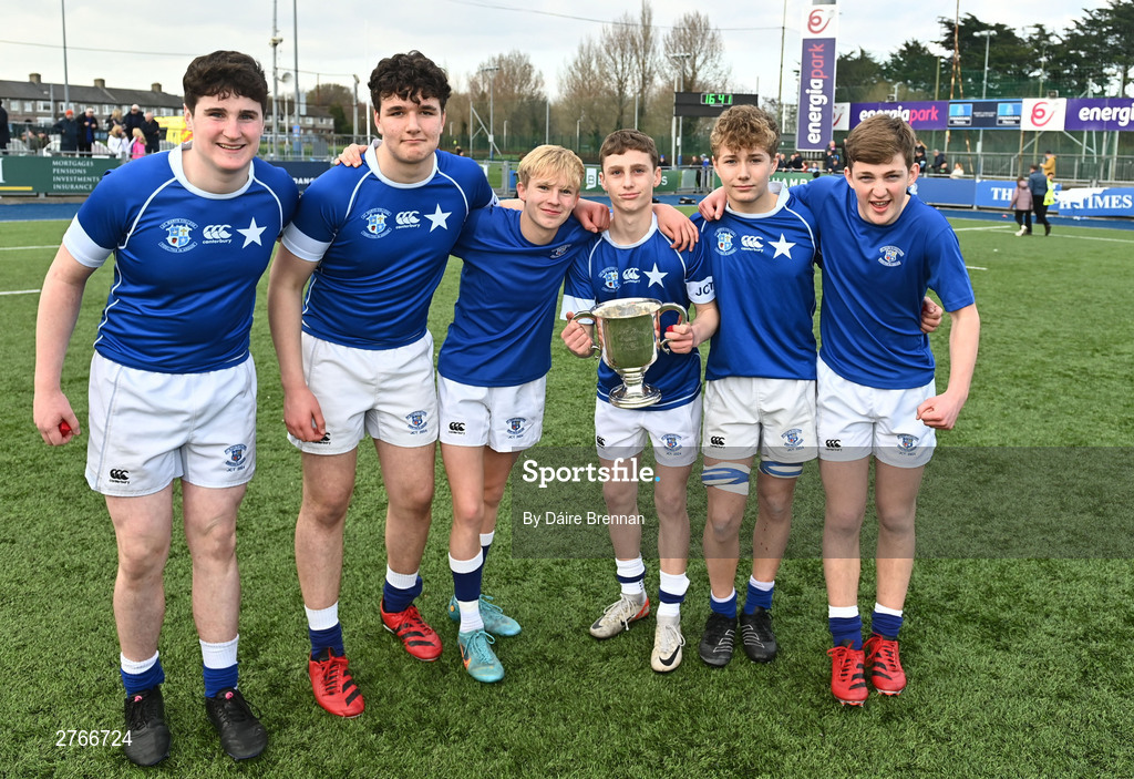 20 March 2024; St Mary's College players, left to right, Gavan Fagan, Patrick Crane, Max Pender, Christian Crawley, Rob Flaherty, and Matthew McGreevey, celebrate after the Bank of Ireland Leinster Schools Junior Cup final match between St Mary's College and Terenure College at Energia Park in Dublin. Photo by Daire Brennan/Sportsfile
