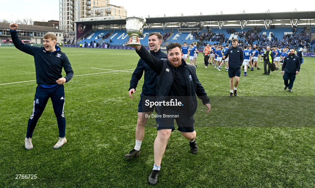 20 March 2024; St Mary's College coach Seán Healy celebrates after the Bank of Ireland Leinster Schools Junior Cup final match between St Mary's College and Terenure College at Energia Park in Dublin. Photo by Daire Brennan/Sportsfile