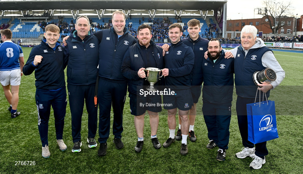 20 March 2024; St Mary's College coaches, left to right, Jack Lundy, Steven Hennessey, Jamie Cornett, Seán Healy, Finn Burke, Daragh Gilbourne, Dan Ianelli, and Rodney O'Donnell, celebrate after the Bank of Ireland Leinster Schools Junior Cup final match between St Mary's College and Terenure College at Energia Park in Dublin. Photo by Daire Brennan/Sportsfile