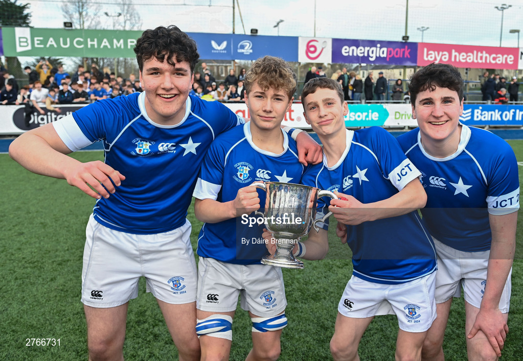 20 March 2024; St Mary's College players, left to right, Patrick Crane, Rob Flaherty, Gavin Fagan, and Christian Crawley, celebrate after the Bank of Ireland Leinster Schools Junior Cup final match between St Mary's College and Terenure College at Energia Park in Dublin. Photo by Daire Brennan/Sportsfile