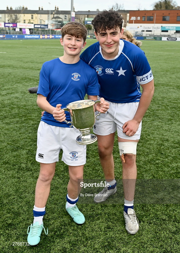20 March 2024; David Kenny of St Mary’s College, right, and Boon Redmond, celebrate after the Bank of Ireland Leinster Schools Junior Cup final match between St Mary's College and Terenure College at Energia Park in Dublin. Photo by Daire Brennan/Sportsfile