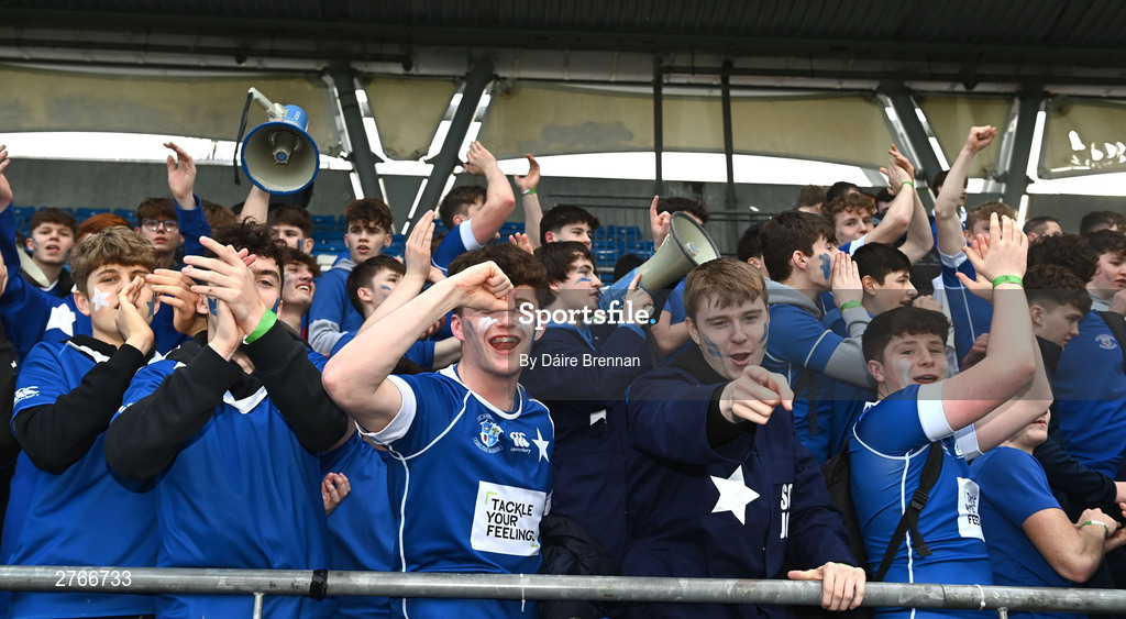 20 March 2024; St Mary's College supporters celebrate after the Bank of Ireland Leinster Schools Junior Cup final match between St Mary's College and Terenure College at Energia Park in Dublin. Photo by Daire Brennan/Sportsfile
