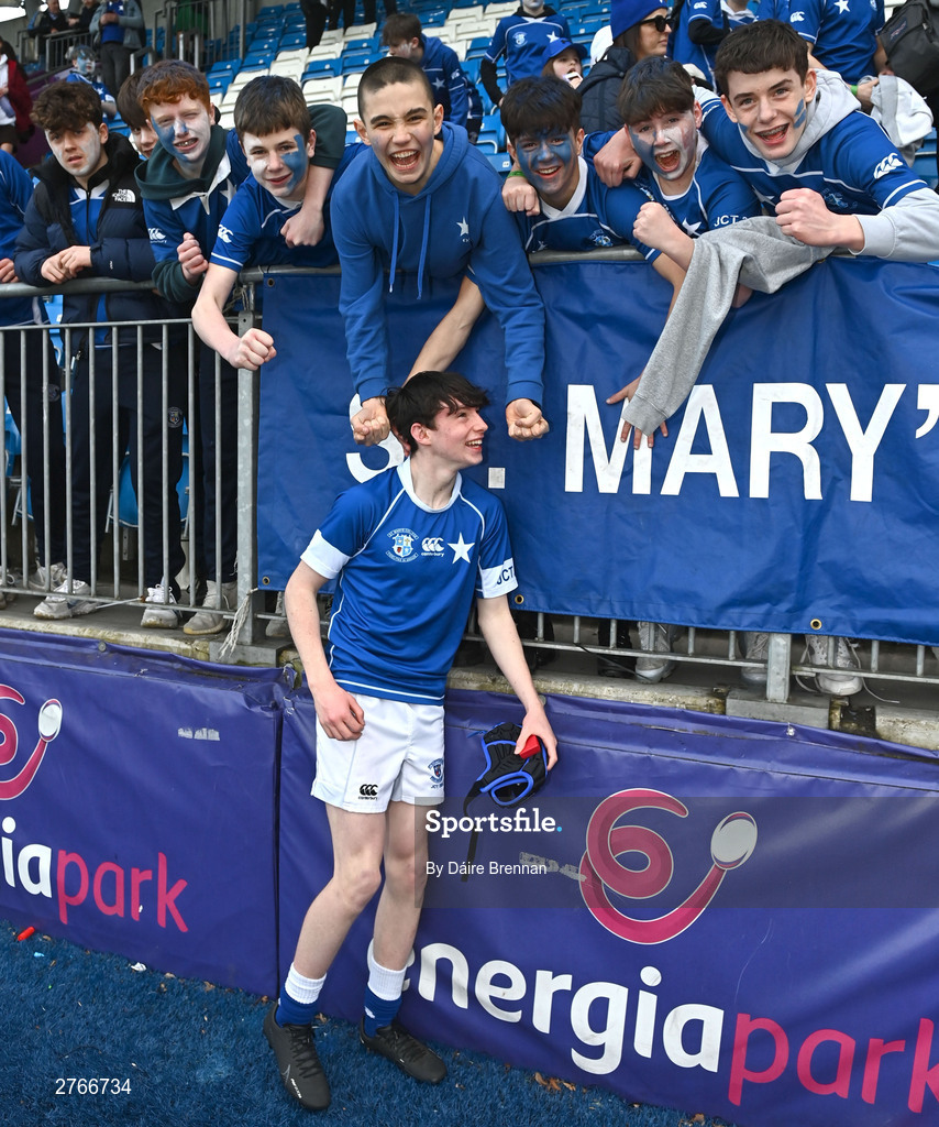 20 March 2024; Cian Dunphy of St Mary’s College celebrates with supporters after the Bank of Ireland Leinster Schools Junior Cup final match between St Mary's College and Terenure College at Energia Park in Dublin. Photo by Daire Brennan/Sportsfile