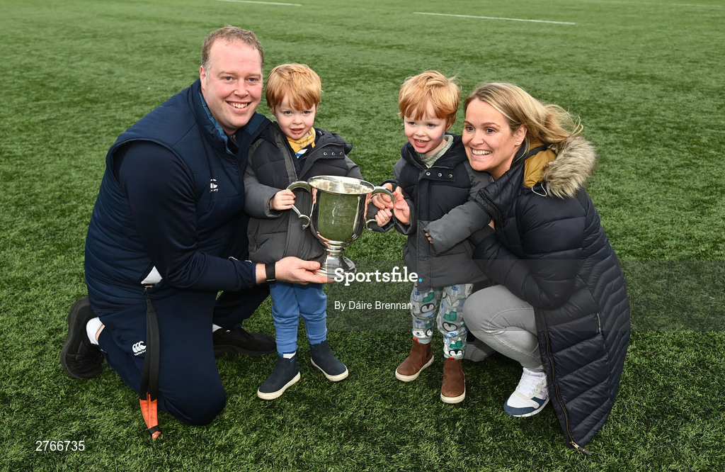 20 March 2024; St Mary's College coach Jamie Cornett, celebrates with his wife Eimear, and sons Timothy, and Luke, aged 3, after the Bank of Ireland Leinster Schools Junior Cup final match between St Mary's College and Terenure College at Energia Park in Dublin. Photo by Daire Brennan/Sportsfile