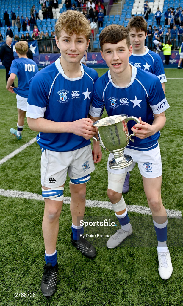 20 March 2024; Rob Flaherty of St Mary’s College, left, and Jack Fogarty, celebrate after the Bank of Ireland Leinster Schools Junior Cup final match between St Mary's College and Terenure College at Energia Park in Dublin. Photo by Daire Brennan/Sportsfile
