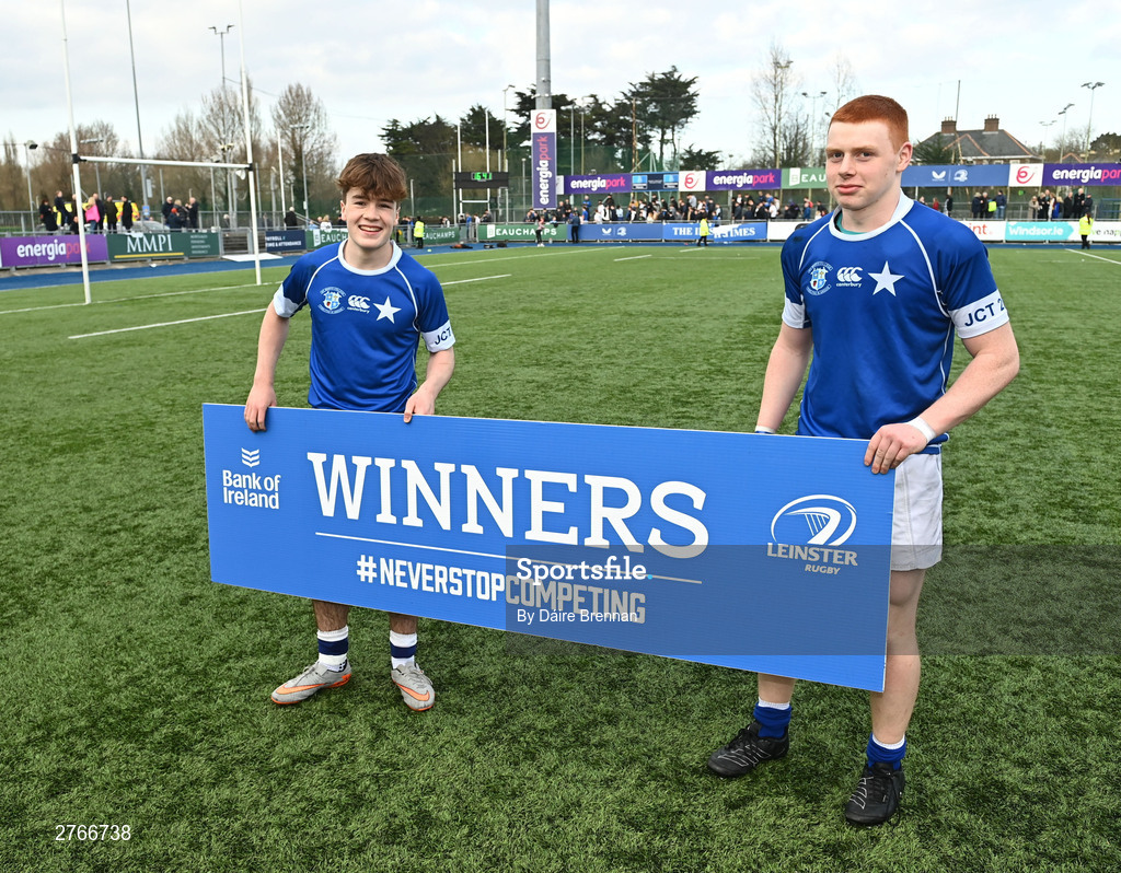 20 March 2024; Nic Sheehan of St Mary’s College, left, and Thomas Quigley, celebrate after the Bank of Ireland Leinster Schools Junior Cup final match between St Mary's College and Terenure College at Energia Park in Dublin. Photo by Daire Brennan/Sportsfile