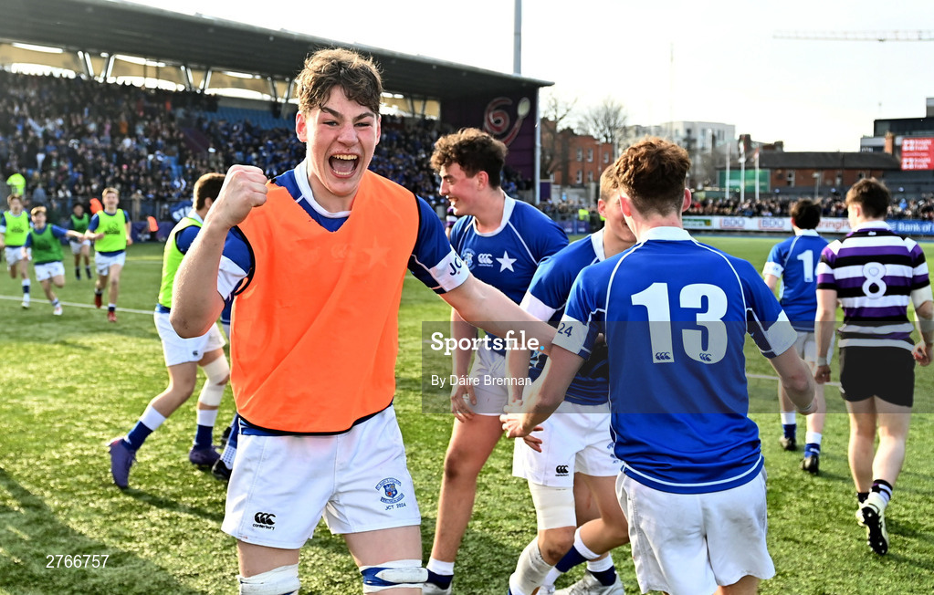20 March 2024; James Whitty of St Mary’s College celebrates after the Bank of Ireland Leinster Schools Junior Cup final match between St Mary's College and Terenure College at Energia Park in Dublin. Photo by Daire Brennan/Sportsfile