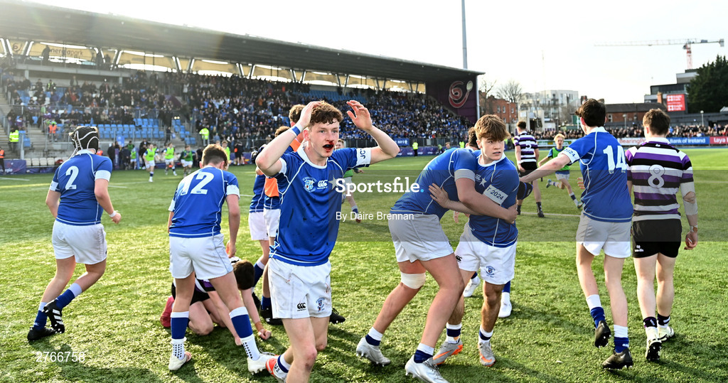 20 March 2024; Donal Manzor of St Mary’s College celebrates after the Bank of Ireland Leinster Schools Junior Cup final match between St Mary's College and Terenure College at Energia Park in Dublin. Photo by Daire Brennan/Sportsfile