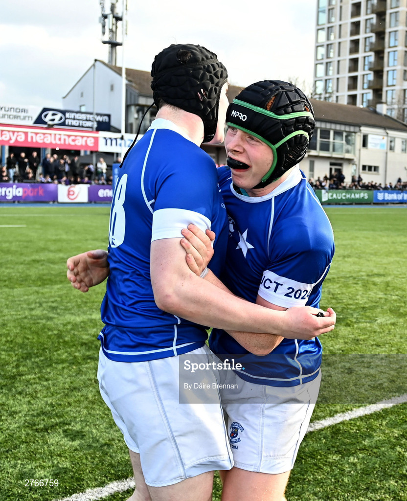 20 March 2024; Gavan Fagan of St Mary’s College, left, and Thomas Quigley, celebrate after the Bank of Ireland Leinster Schools Junior Cup final match between St Mary's College and Terenure College at Energia Park in Dublin. Photo by Daire Brennan/Sportsfile