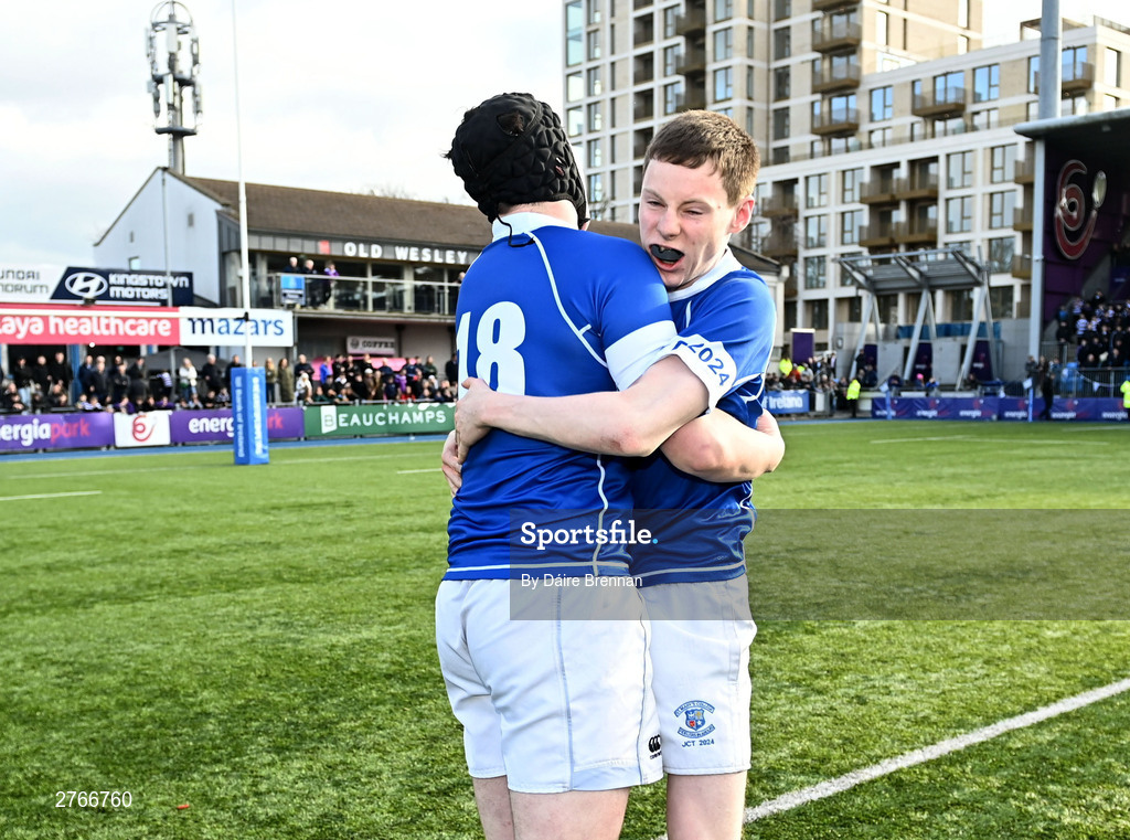 20 March 2024; Gavan Fagan of St Mary’s College, left, and Tom O’Keefe, celebrate after the Bank of Ireland Leinster Schools Junior Cup final match between St Mary's College and Terenure College at Energia Park in Dublin. Photo by Daire Brennan/Sportsfile