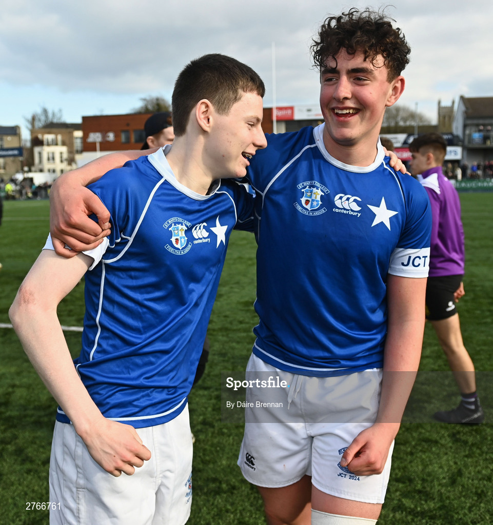 20 March 2024; Tom O’Keefe of St Mary’s College, left, and David Kenny, celebrate after the Bank of Ireland Leinster Schools Junior Cup final match between St Mary's College and Terenure College at Energia Park in Dublin. Photo by Daire Brennan/Sportsfile