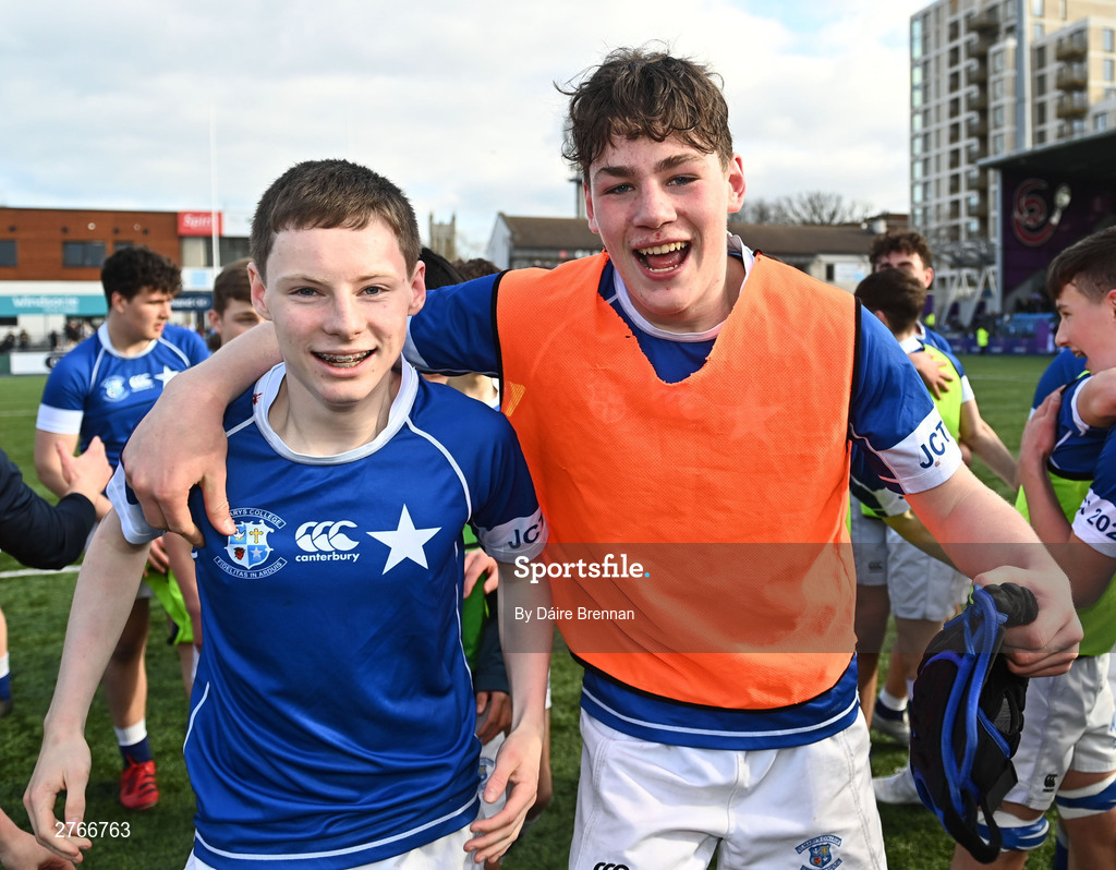 20 March 2024; Tom O’Keefe of St Mary’s College, left, and James Whitty, celebrate after the Bank of Ireland Leinster Schools Junior Cup final match between St Mary's College and Terenure College at Energia Park in Dublin. Photo by Daire Brennan/Sportsfile
