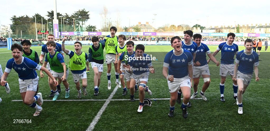 20 March 2024; St Mary's College players celebrate after the Bank of Ireland Leinster Schools Junior Cup final match between St Mary's College and Terenure College at Energia Park in Dublin. Photo by Daire Brennan/Sportsfile