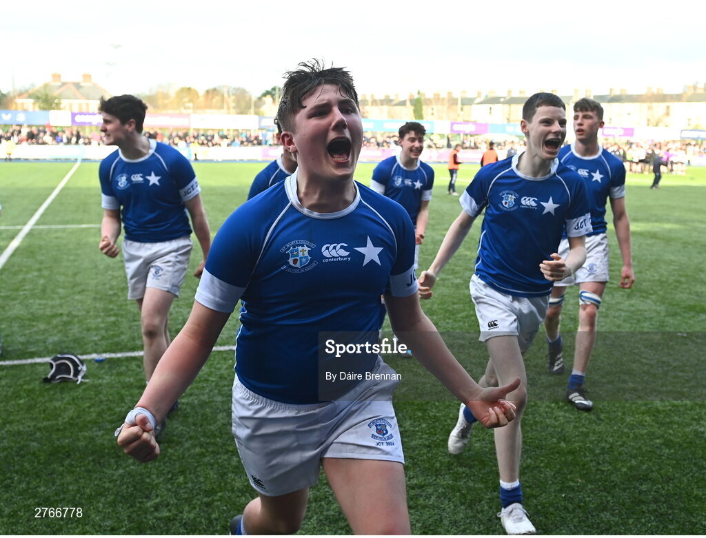 20 March 2024; Reuben Montague of St Mary’s College celebrates after the Bank of Ireland Leinster Schools Junior Cup final match between St Mary's College and Terenure College at Energia Park in Dublin. Photo by Daire Brennan/Sportsfile
