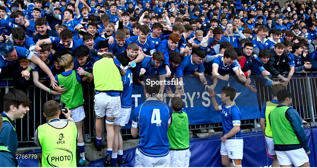 20 March 2024; St Mary's College players and supporters celebrate after the Bank of Ireland Leinster Schools Junior Cup final match between St Mary's College and Terenure College at Energia Park in Dublin. Photo by Daire Brennan/Sportsfile