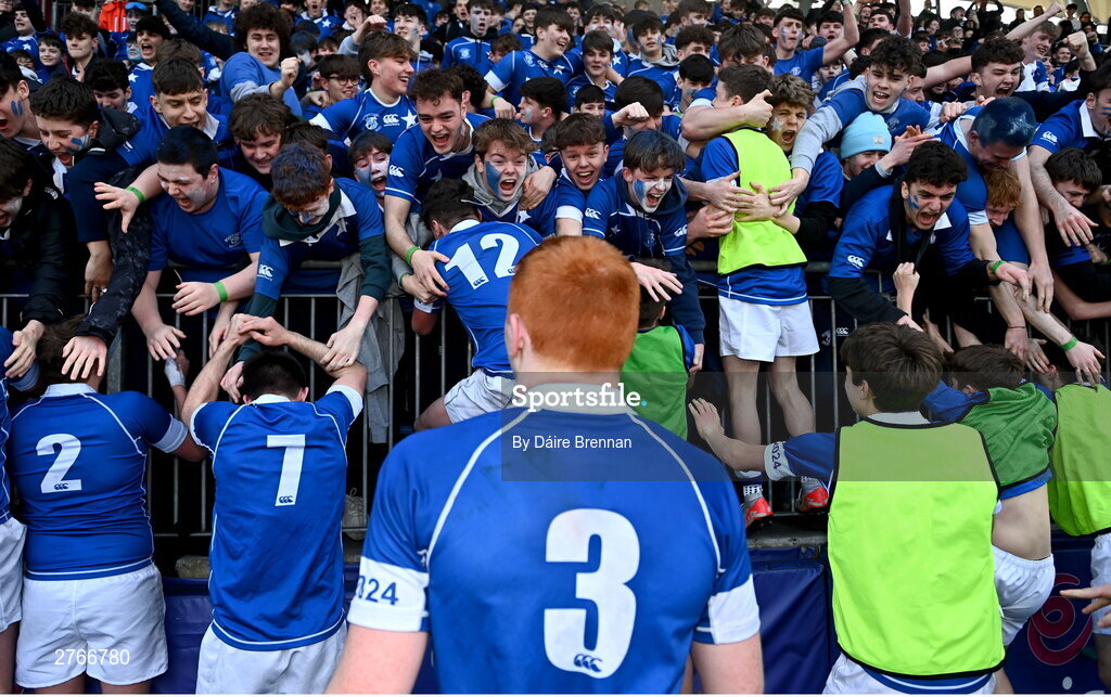 20 March 2024; St Mary's College players and supporters celebrate after the Bank of Ireland Leinster Schools Junior Cup final match between St Mary's College and Terenure College at Energia Park in Dublin. Photo by Daire Brennan/Sportsfile