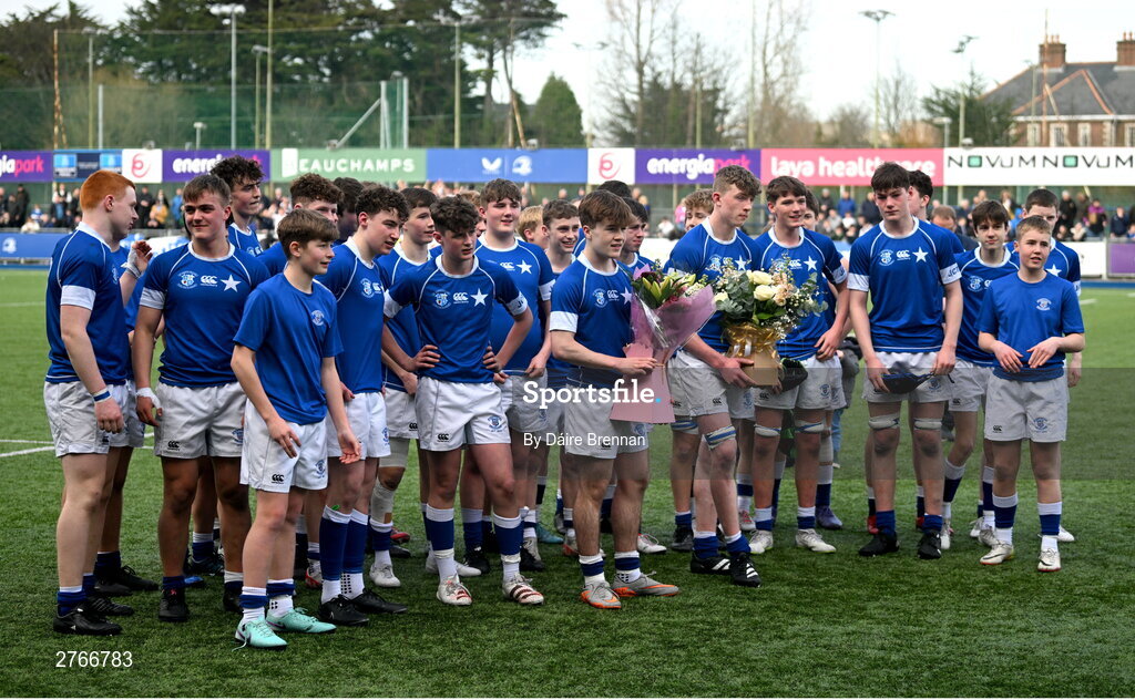 20 March 2024; St Mary's College players after the Bank of Ireland Leinster Schools Junior Cup final match between St Mary's College and Terenure College at Energia Park in Dublin. Photo by Daire Brennan/Sportsfile