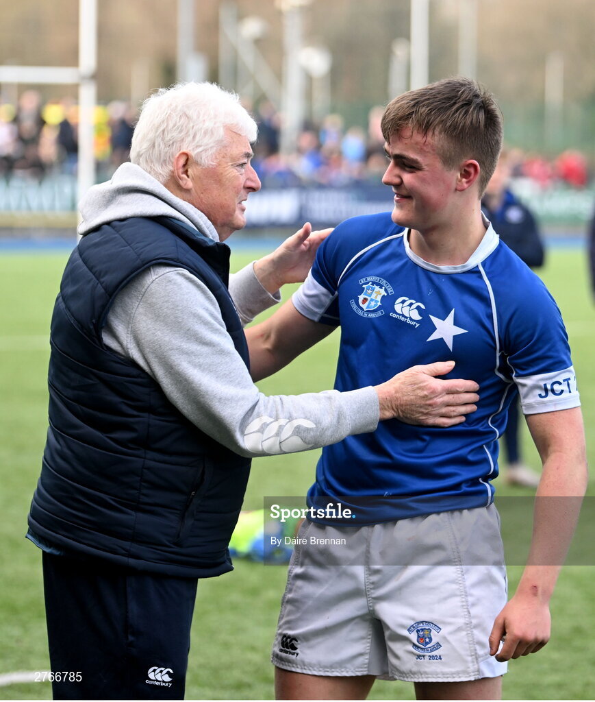 20 March 2024; Rodney O'Donnell of St Mary's College celebrates with Eoghan Brady after the Bank of Ireland Leinster Schools Junior Cup final match between St Mary's College and Terenure College at Energia Park in Dublin. Photo by Daire Brennan/Sportsfile