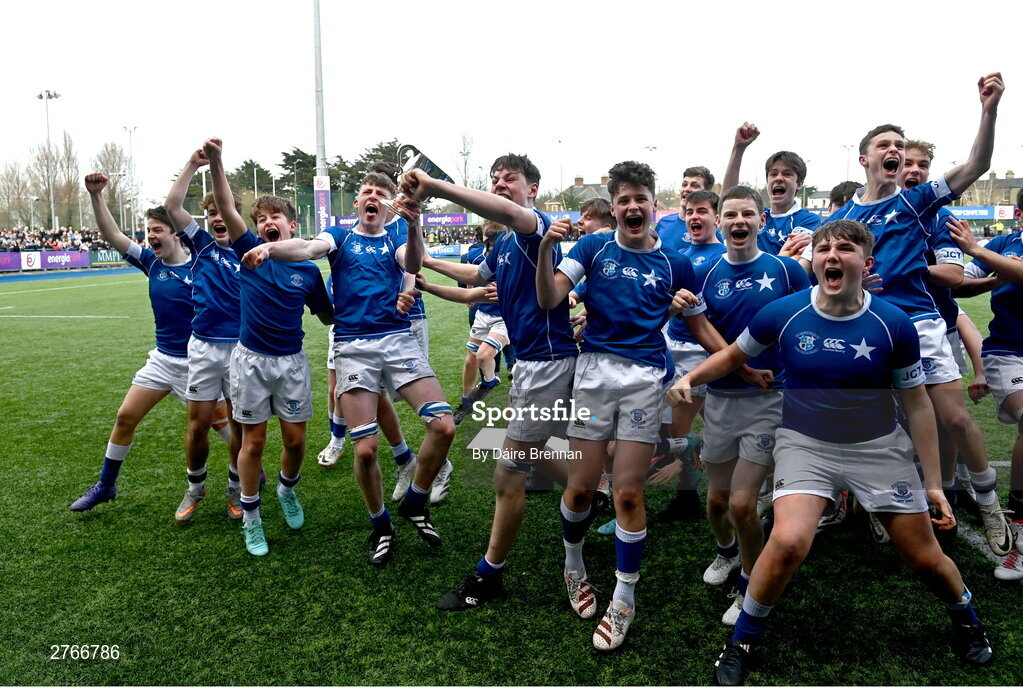 20 March 2024; Eoin Farrell of St Mary’s College celebrates with team-mates after the Bank of Ireland Leinster Schools Junior Cup final match between St Mary's College and Terenure College at Energia Park in Dublin. Photo by Daire Brennan/Sportsfile