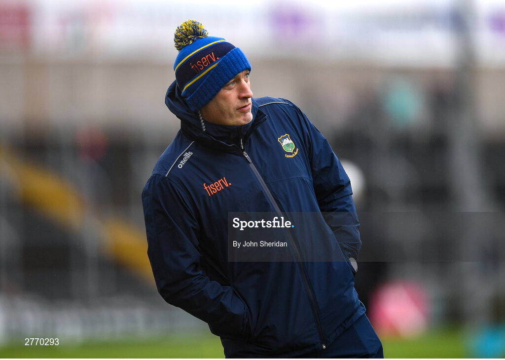 24 March 2024; Tipperary manager Liam Cahill during the warm ups before the Allianz Hurling League Division 1 semi-final match between Clare and Tipperary at Laois Hire O'Moore Park in Portlaoise, Laois. Photo by John Sheridan/Sportsfile