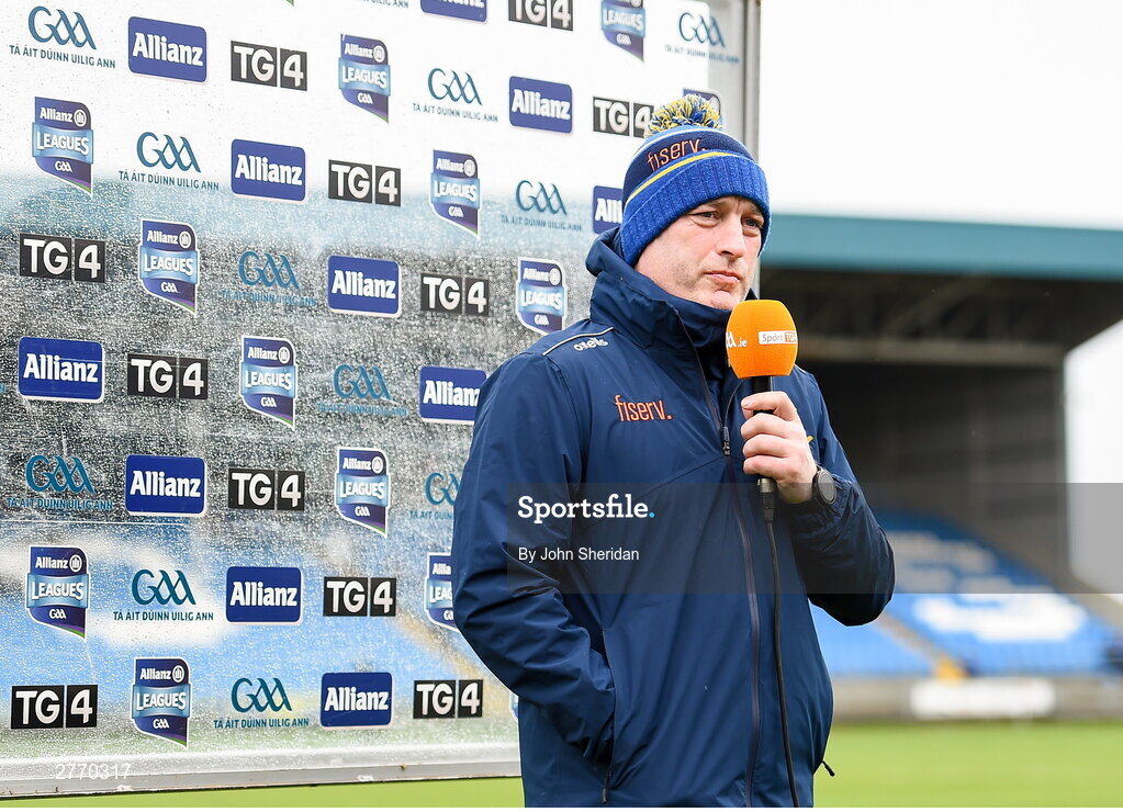 24 March 2024; Tipperary manager Liam Cahill is interviewed before the Allianz Hurling League Division 1 semi-final match between Clare and Tipperary at Laois Hire O'Moore Park in Portlaoise, Laois. Photo by John Sheridan/Sportsfile