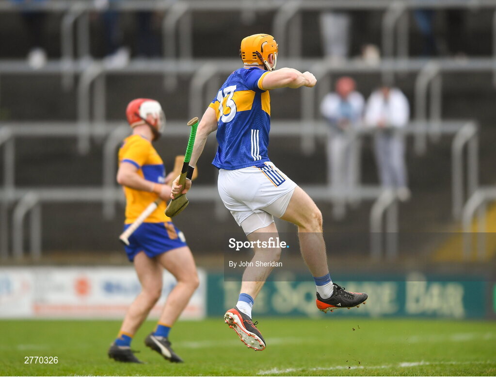 24 March 2024; Jake Morris of Tipperary celebrates after scoring his side's first goal during the Allianz Hurling League Division 1 semi-final match between Clare and Tipperary at Laois Hire O'Moore Park in Portlaoise, Laois. Photo by John Sheridan/Sportsfile