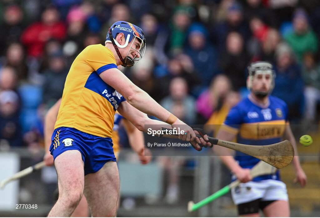 24 March 2024; David Fitzgerald of Clare scores his side's first goal during the Allianz Hurling League Division 1 semi-final match between Clare and Tipperary at Laois Hire O'Moore Park in Portlaoise, Laois. Photo by Piaras Ó Mídheach/Sportsfile