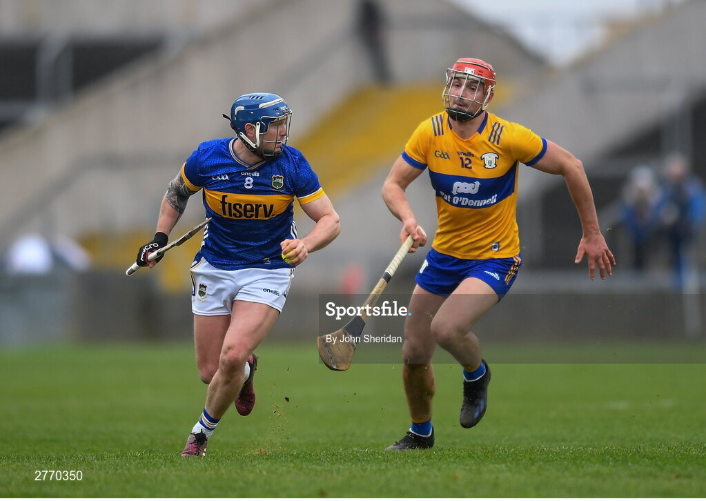24 March 2024; Willie Connors of Tipperary in action against Peter Duggan of Clare during the Allianz Hurling League Division 1 semi-final match between Clare and Tipperary at Laois Hire O'Moore Park in Portlaoise, Laois. Photo by John Sheridan/Sportsfile