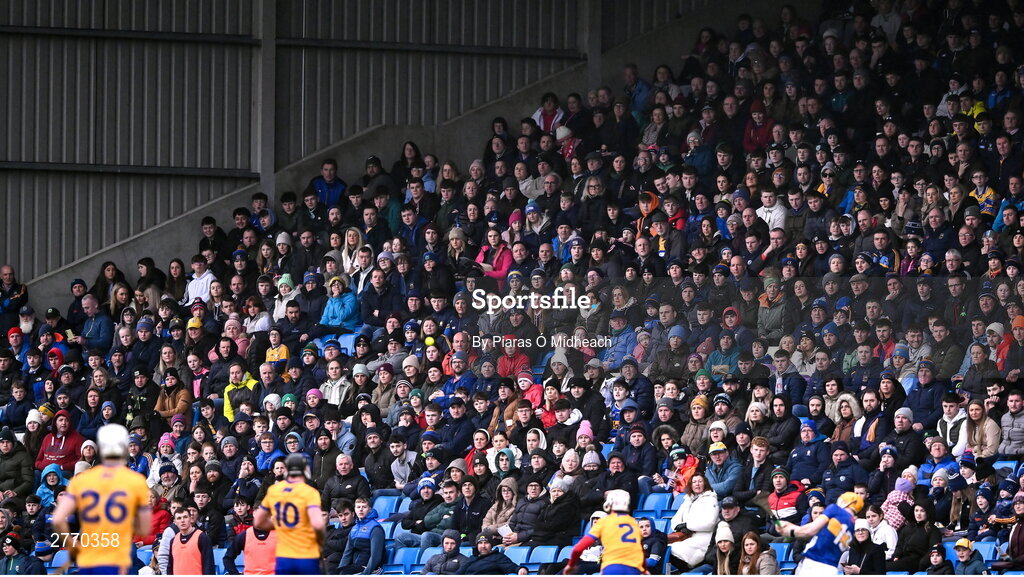 24 March 2024; Spectators during the Allianz Hurling League Division 1 semi-final match between Clare and Tipperary at Laois Hire O'Moore Park in Portlaoise, Laois. Photo by Piaras Ó Mídheach/Sportsfile