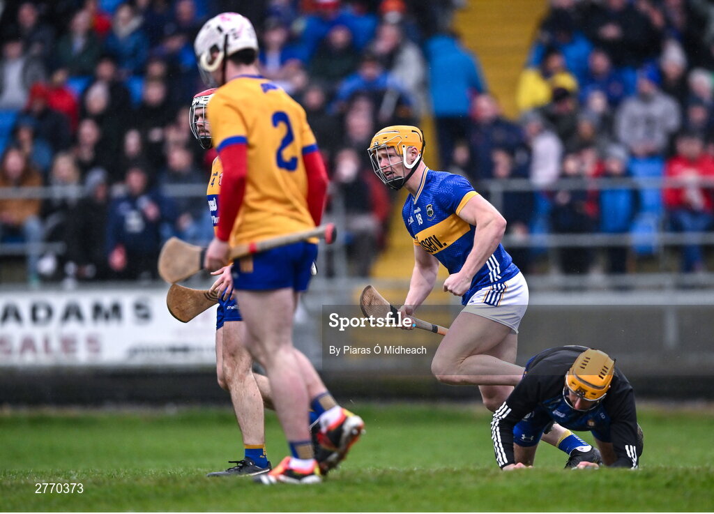 24 March 2024; Seán Hayes of Tipperary after scoring his side's second goal during the Allianz Hurling League Division 1 semi-final match between Clare and Tipperary at Laois Hire O'Moore Park in Portlaoise, Laois. Photo by Piaras Ó Mídheach/Sportsfile