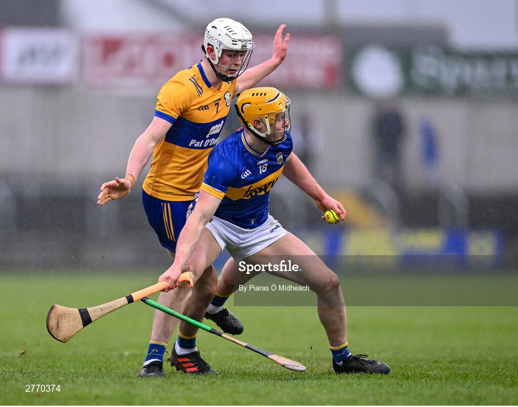 24 March 2024; Seán Hayes of Tipperary in action against Cian Galvin of Clare during the Allianz Hurling League Division 1 semi-final match between Clare and Tipperary at Laois Hire O'Moore Park in Portlaoise, Laois. Photo by Piaras Ó Mídheach/Sportsfile