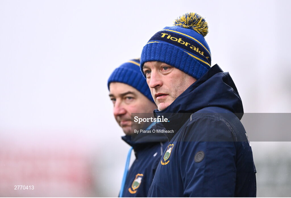 24 March 2024; Tipperary manager Liam Cahill with Tipperary selector Mikey Bevans, left, during the Allianz Hurling League Division 1 semi-final match between Clare and Tipperary at Laois Hire O'Moore Park in Portlaoise, Laois. Photo by Piaras Ó Mídheach/Sportsfile